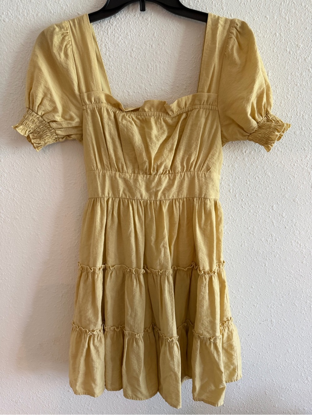 Yellow Tiered Puff-Sleeve Mini Dress